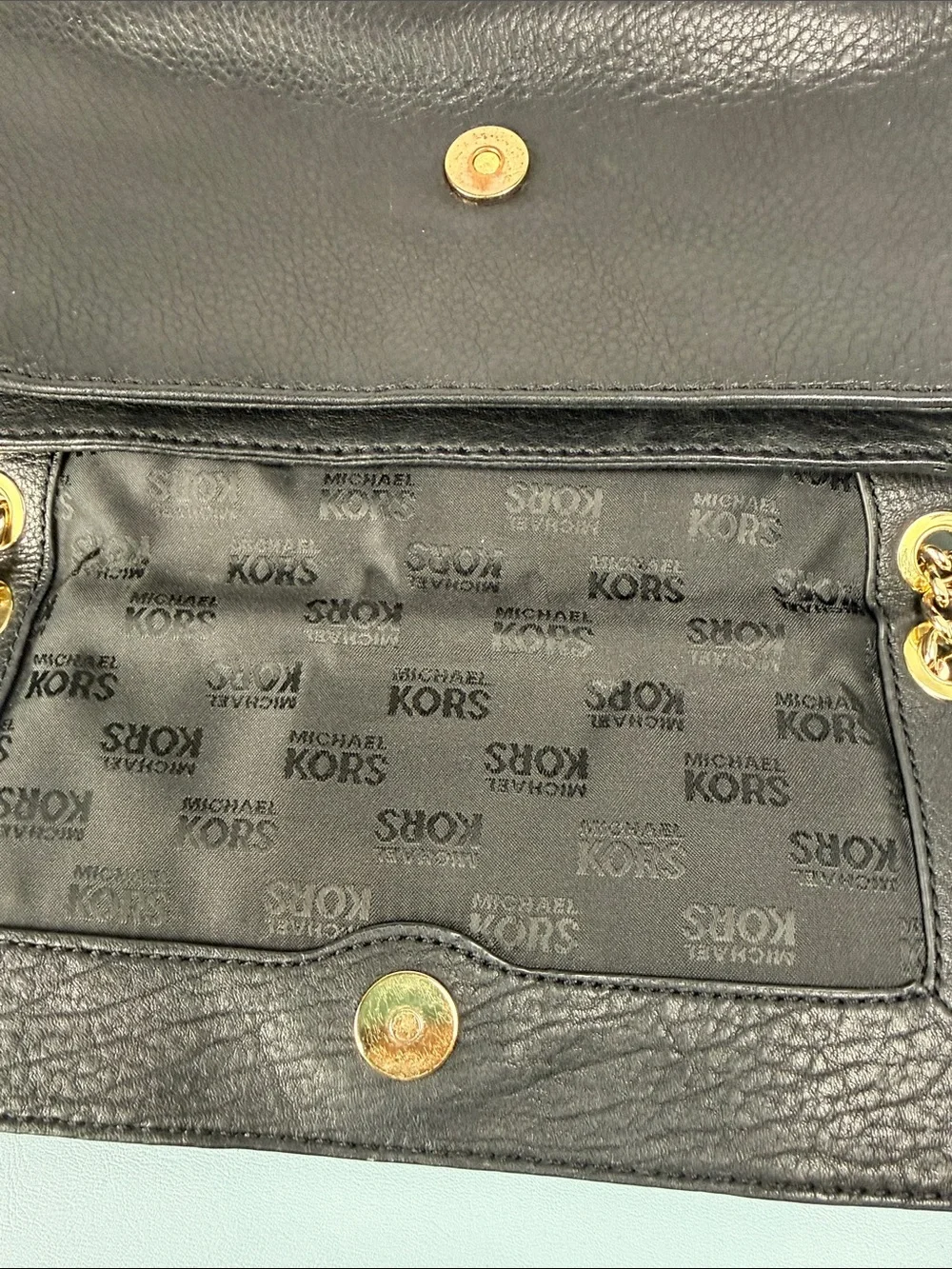 Michael Kors Black Leather Shoulder Bag with Gold MK Emblem
